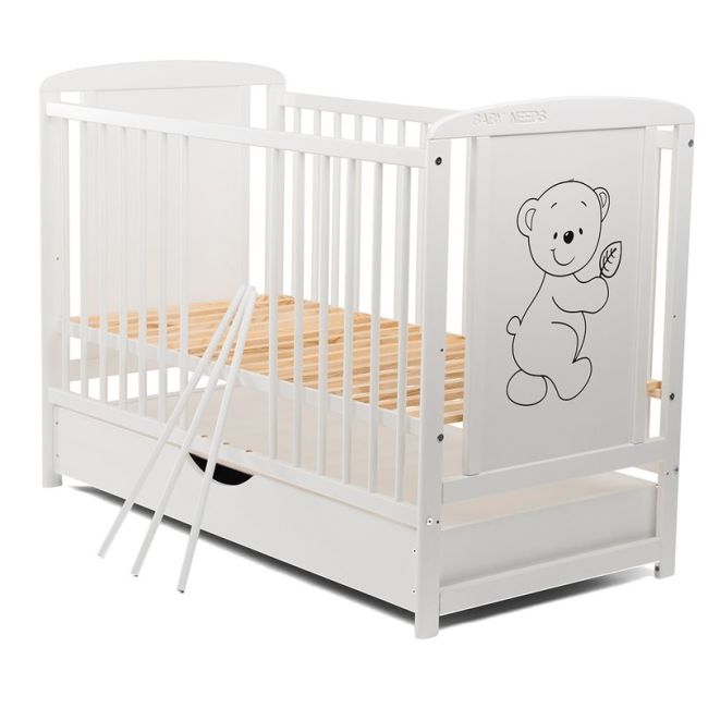 BabyNeeds - Patut din lemn Timmi 120x60 cm, cu sertar, Alb + Saltea 10 cm BYNBOTIM10CM02AL