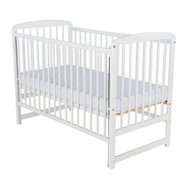 BabyNeeds - Patut din lemn Ola 120x60 cm, cu laterala culisanta, Alb + Saltea 8 cm BYNBOOLA8CM03AL