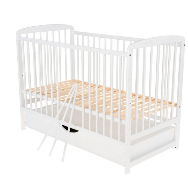 BabyNeeds - Patut din lemn Ola 120x60 cm, cu sertar, Alb + Saltea 8 cm BYNBOOLA8CM02AL