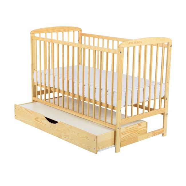 BabyNeeds - Patut din lemn Ola 120x60 cm, cu sertar, Natur + Saltea 10 cm BYNBOOLA10CM02NT