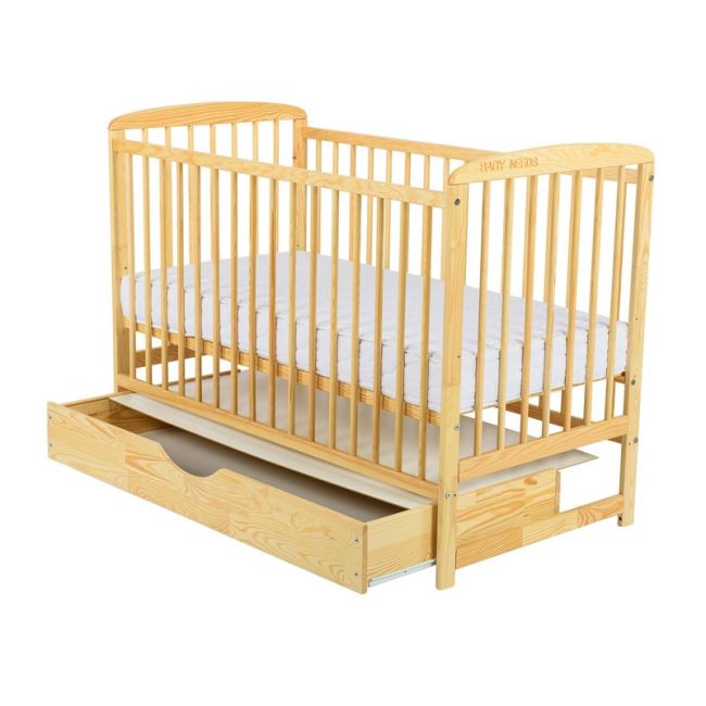 BabyNeeds - Patut din lemn Ola 120x60 cm, cu sertar, Natur + Saltea 10 cm BYNBOOLA10CM02NT