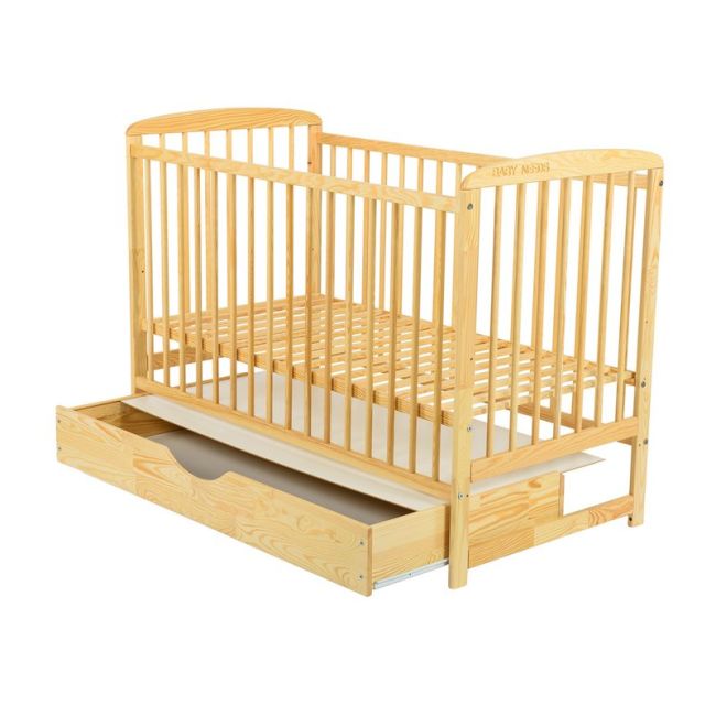 BabyNeeds - Patut din lemn Ola 120x60 cm, cu sertar, Natur + Saltea 10 cm BYNBOOLA10CM02NT