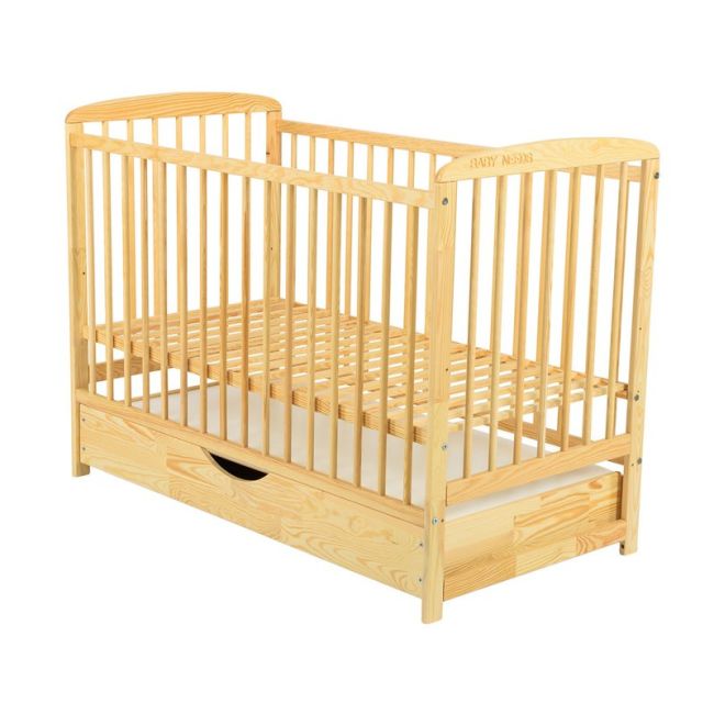 BabyNeeds - Patut din lemn Ola 120x60 cm, cu sertar, Natur + Saltea 10 cm BYNBOOLA10CM02NT