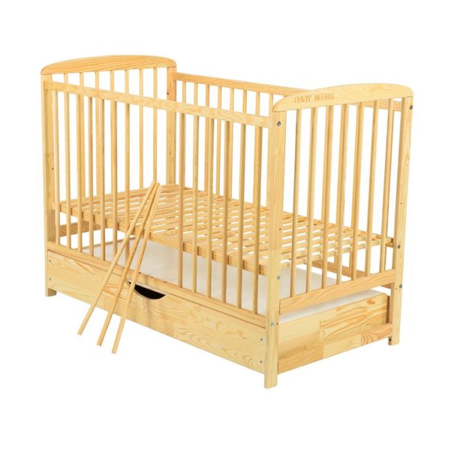 BabyNeeds - Patut din lemn Ola 120x60 cm, cu sertar, Natur + Saltea 10 cm BYNBOOLA10CM02NT