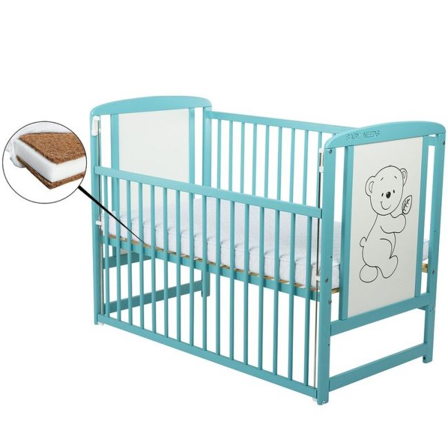 BabyNeeds - Patut din lemn Timmi 120x60 cm, cu laterala culisanta, Mint + Saltea 10 cm BYNBOTIM10CM03MIN