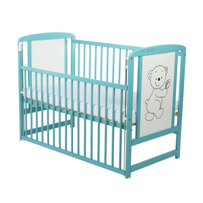 BabyNeeds - Patut din lemn Timmi 120x60 cm, cu laterala culisanta, Mint + Saltea 10 cm BYNBOTIM10CM03MIN