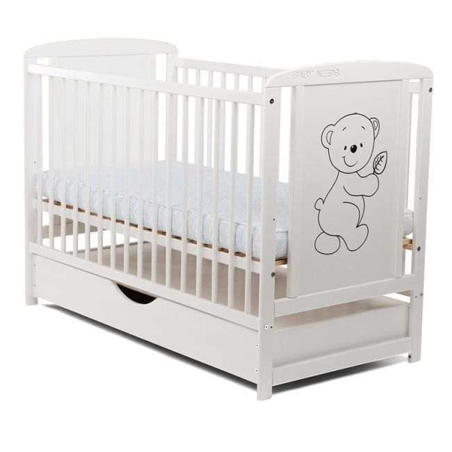 BabyNeeds - Patut din lemn Timmi 120x60 cm, cu sertar, Alb + Saltea 8 cm BYNBOTIM8CM02AL