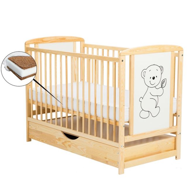BabyNeeds - Patut din lemn Timmi 120x60 cm, cu sertar, Natur + Saltea 10 cm BYNBOTIM10CM02NT