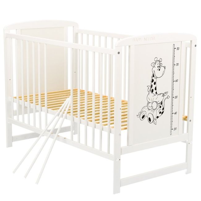 BabyNeeds - Patut din lemn Timmi Girafa 120x60 cm, Alb + Saltea 10 cm BYNBOTIMG10CM01AL