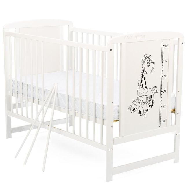 BabyNeeds - Patut din lemn Timmi Girafa 120x60 cm, Alb + Saltea 10 cm BYNBOTIMG10CM01AL