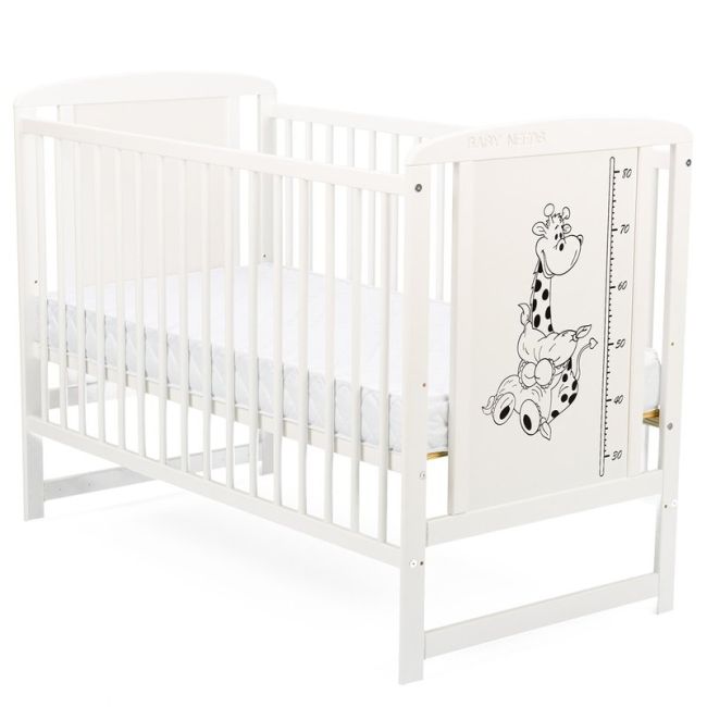 BabyNeeds - Patut din lemn Timmi Girafa 120x60 cm, Alb + Saltea 10 cm BYNBOTIMG10CM01AL