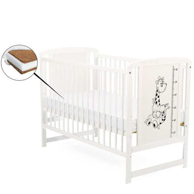 BabyNeeds - Patut din lemn Timmi Girafa 120x60 cm, Alb + Saltea 8 cm BYNBOTIMG8CM01AL