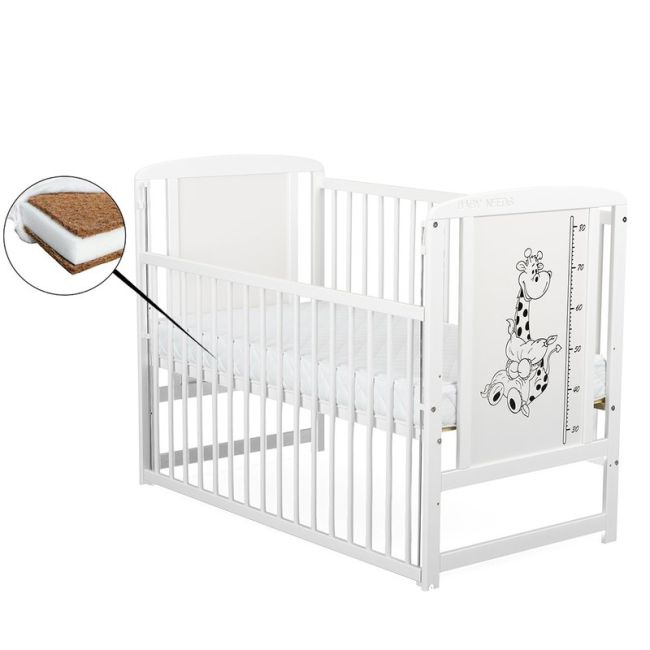 BabyNeeds - Patut din lemn Timmi Girafa 120x60 cm, cu laterala culisanta, Alb + Saltea 10 cm BYNBOTIMG10CM03AL