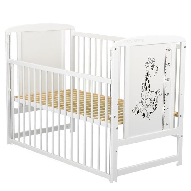 BabyNeeds - Patut din lemn Timmi Girafa 120x60 cm, cu laterala culisanta, Alb + Saltea 10 cm BYNBOTIMG10CM03AL