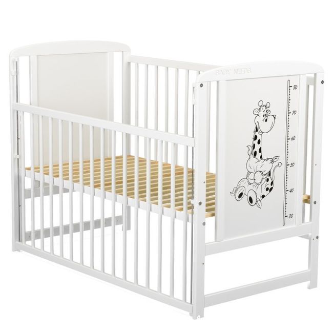 BabyNeeds - Patut din lemn Timmi Girafa 120x60 cm, cu laterala culisanta, Alb + Saltea 8 cm BYNBOTIMG8CM03AL