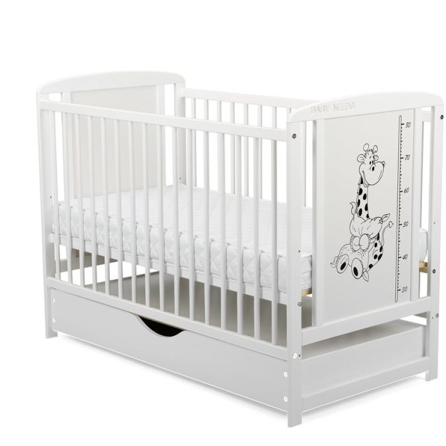 BabyNeeds - Patut din lemn Timmi Girafa 120x60 cm, cu sertar, Alb + Saltea 10 cm BYNBOTIMG10CM02AL