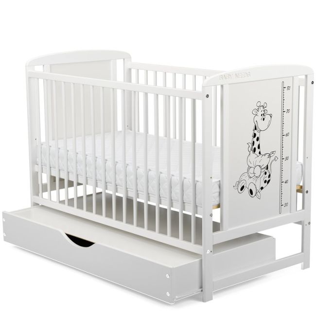 BabyNeeds - Patut din lemn Timmi Girafa 120x60 cm, cu sertar, Alb + Saltea 10 cm BYNBOTIMG10CM02AL