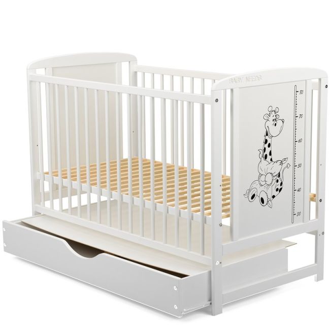 BabyNeeds - Patut din lemn Timmi Girafa 120x60 cm, cu sertar, Alb + Saltea 10 cm BYNBOTIMG10CM02AL