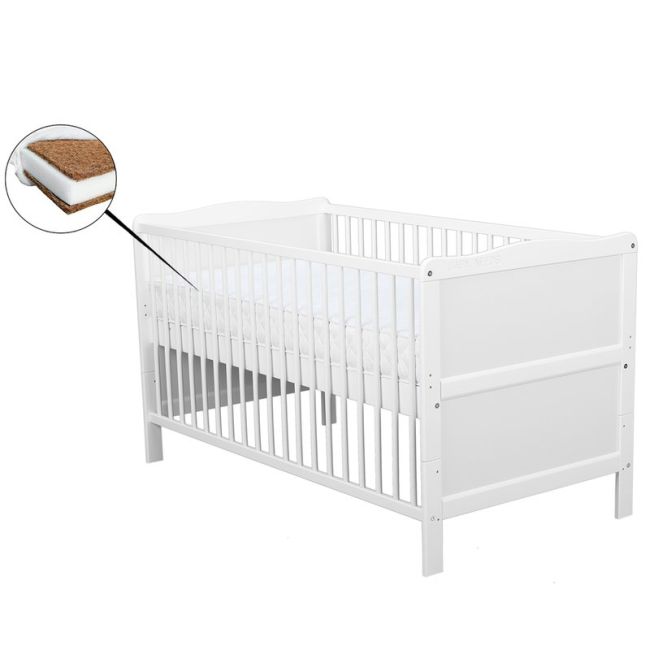 BabyNeeds - Patut din lemn Nadia 140x70 cm, transformabil, Alb + Saltea 12 cm BYNBONAD12CM01AL