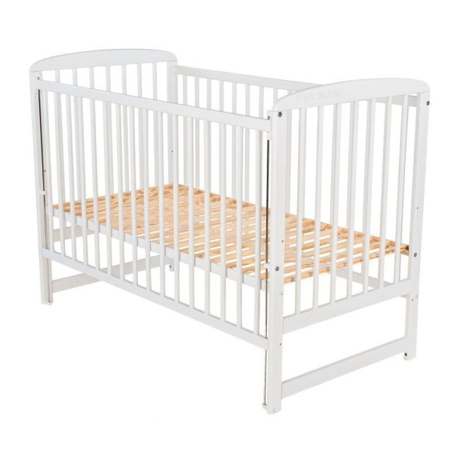 BabyNeeds - Patut din lemn Ola 120x60 cm, cu laterala culisanta, Alb + Saltea 12 cm BYNBOOLA12CM03AL