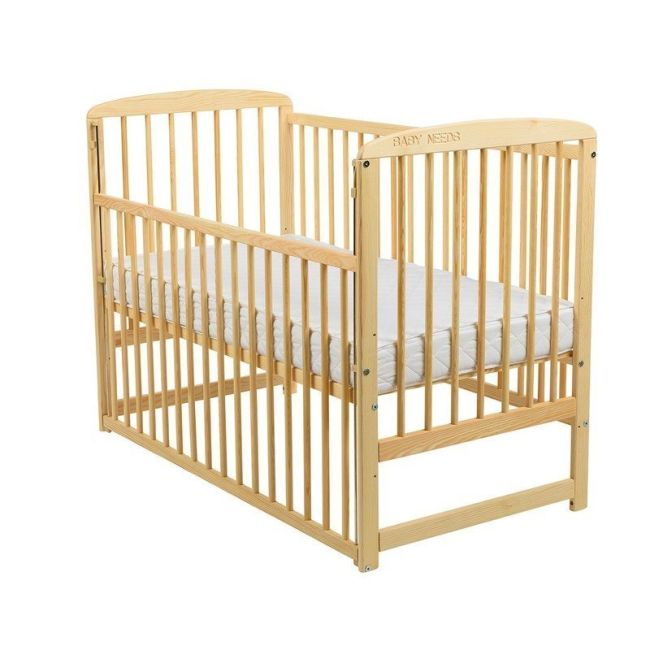 BabyNeeds - Patut din lemn Ola 120x60 cm, cu laterala culisanta, Natur + Saltea 12 cm BYNBOOLA12CM03NT