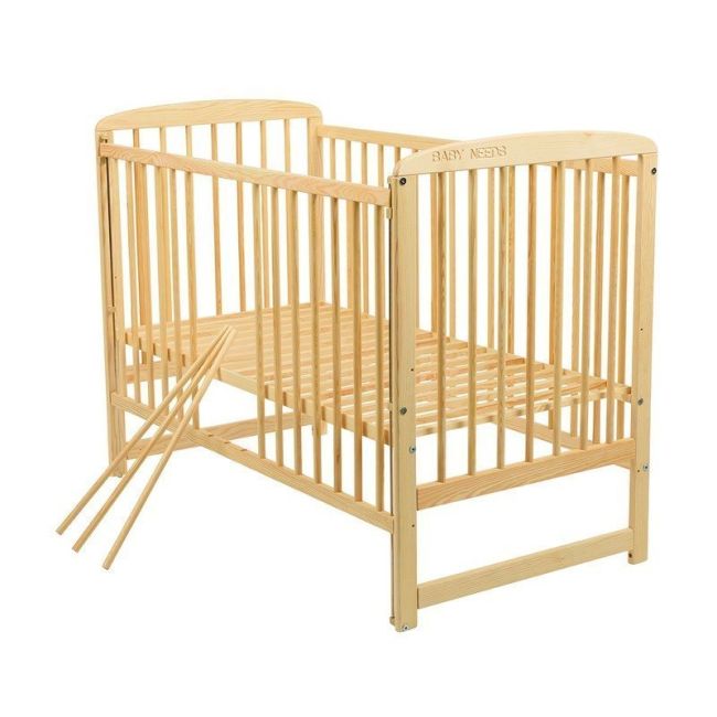 BabyNeeds - Patut din lemn Ola 120x60 cm, cu laterala culisanta, Natur + Saltea 12 cm BYNBOOLA12CM03NT
