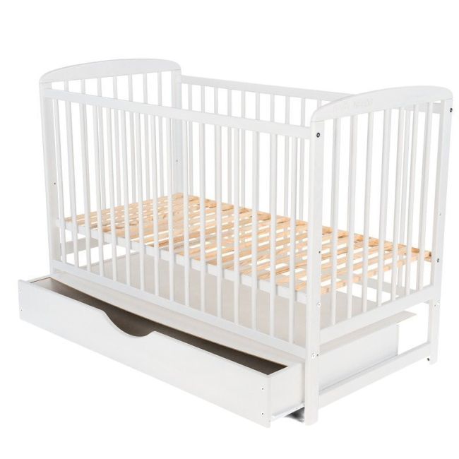 BabyNeeds - Patut din lemn Ola 120x60 cm, cu sertar, Alb + Saltea 12 cm BYNBOOLA12CM02AL