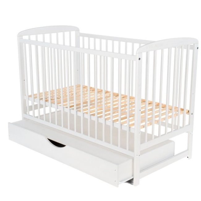 BabyNeeds - Patut din lemn Ola 120x60 cm, cu sertar, Alb + Saltea 12 cm BYNBOOLA12CM02AL