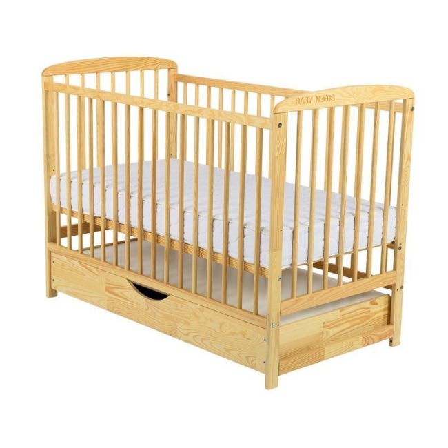 BabyNeeds - Patut din lemn Ola 120x60 cm, cu sertar, Natur + Saltea 12 cm BYNBOOLA12CM02NT