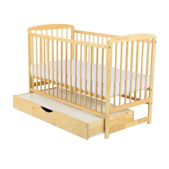 BabyNeeds - Patut din lemn Ola 120x60 cm, cu sertar, Natur + Saltea 12 cm BYNBOOLA12CM02NT