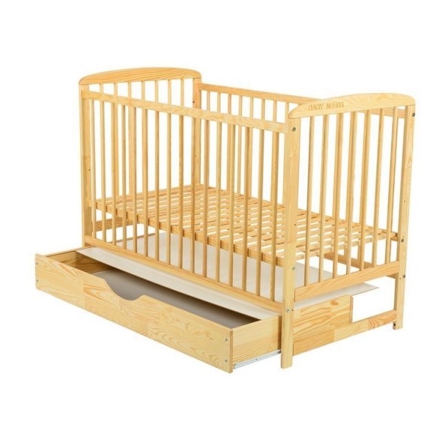 BabyNeeds - Patut din lemn Ola 120x60 cm, cu sertar, Natur + Saltea 12 cm BYNBOOLA12CM02NT