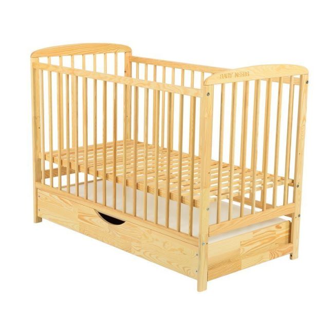 BabyNeeds - Patut din lemn Ola 120x60 cm, cu sertar, Natur + Saltea 12 cm BYNBOOLA12CM02NT