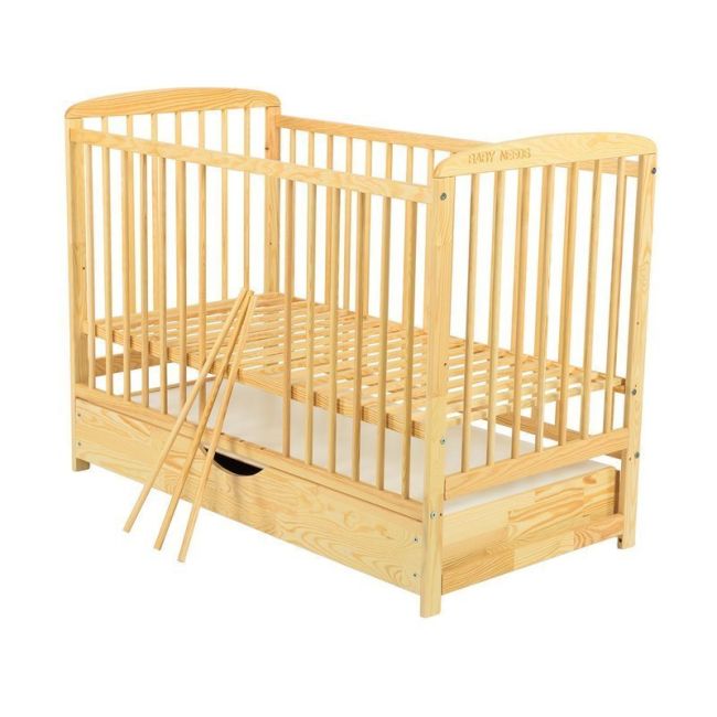 BabyNeeds - Patut din lemn Ola 120x60 cm, cu sertar, Natur + Saltea 12 cm BYNBOOLA12CM02NT