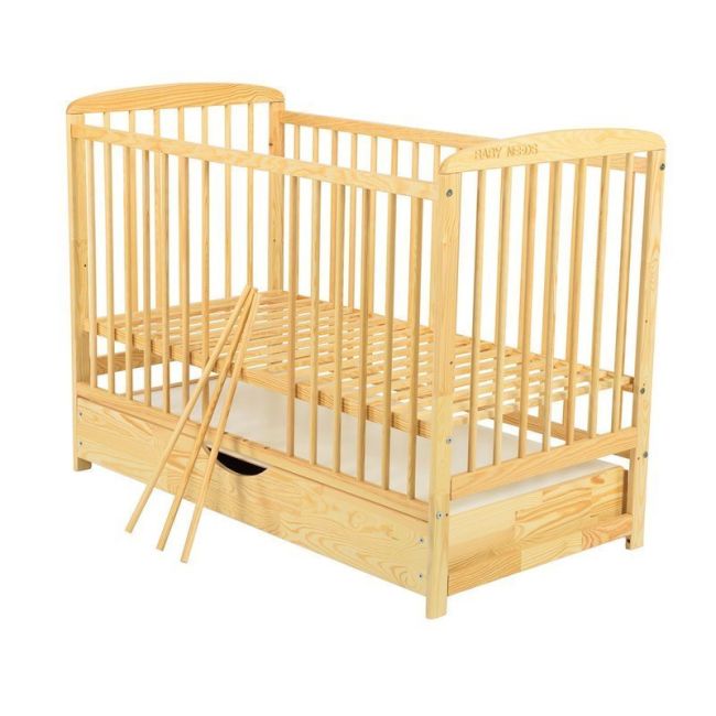 BabyNeeds - Patut din lemn Ola 120x60 cm, cu sertar, Natur + Saltea 12 cm BYNBOOLA12CM02NT