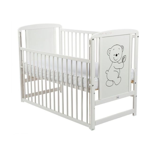 BabyNeeds - Patut din lemn Timmi 120x60 cm, cu laterala culisanta, Alb + Saltea 12 cm BYNBOTIM12CM03AL