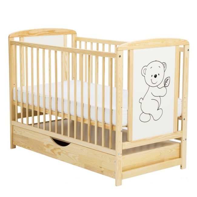 BabyNeeds - Patut din lemn Timmi 120x60 cm, cu sertar, Natur + Saltea 12 cm BYNBOTIM12CM02NT