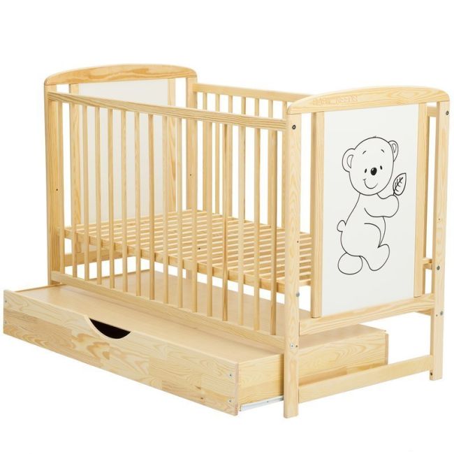 BabyNeeds - Patut din lemn Timmi 120x60 cm, cu sertar, Natur + Saltea 12 cm BYNBOTIM12CM02NT