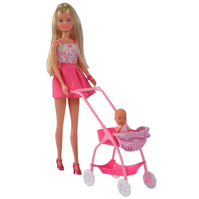 Papusa simba steffi love baby walk 29 cm roz cu carucior si accesorii hubs105733067-roz