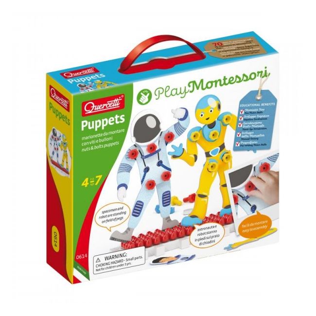 Joc educativ pentru copii Quercetti Play Montessori 0614 Puppets Astronauti cu suruburi si piulite si suport expunere - SOLQ0614