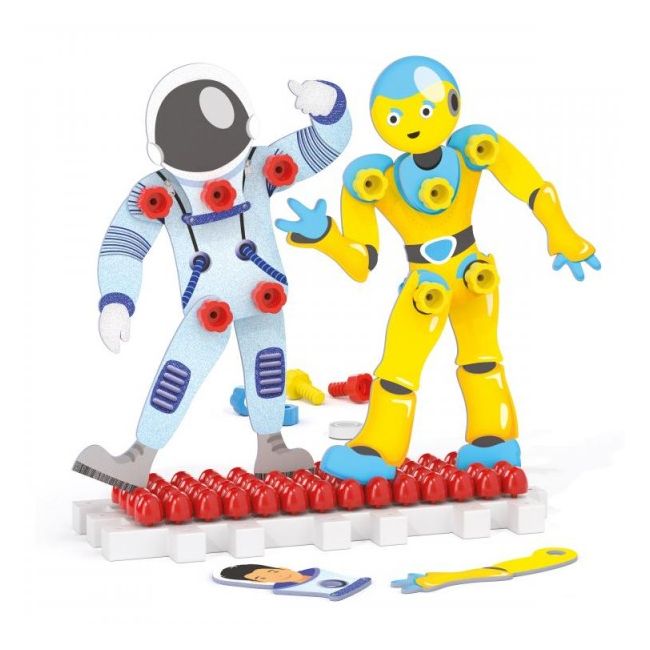 Joc educativ pentru copii Quercetti Play Montessori 0614 Puppets Astronauti cu suruburi si piulite si suport expunere - SOLQ0614