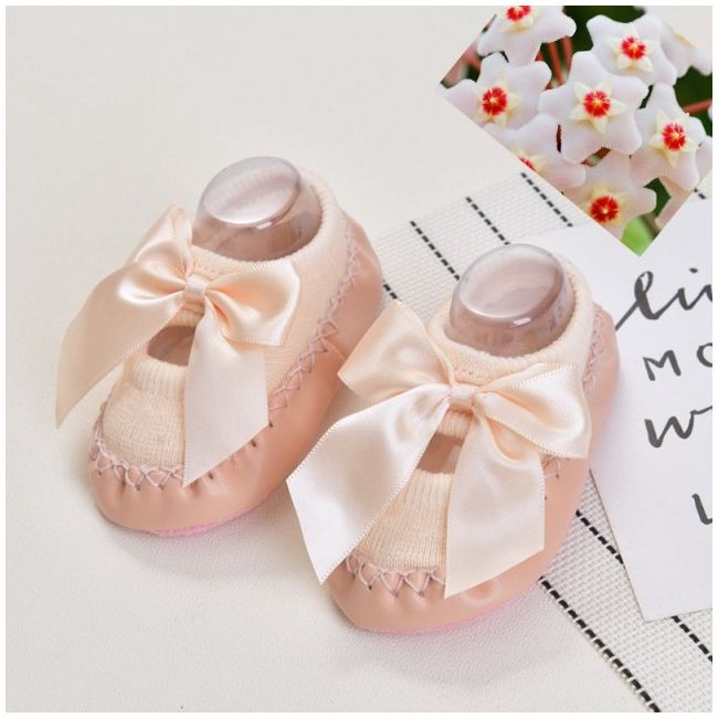 Mocasini copii roz banan cu fundita din saten - MD402-2-10.9-12 luni (Marimea 20 incaltaminte)