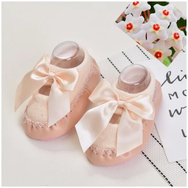 Mocasini copii roz banan cu fundita din saten - MD402-2-10.9-12 luni (Marimea 20 incaltaminte)