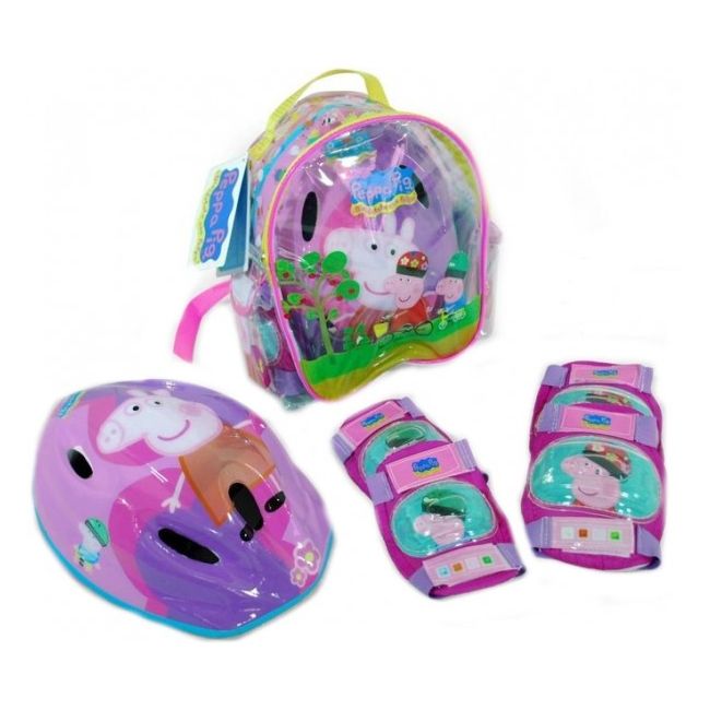 Set echipament protectie copii in ghiozdanel Saica 9126 Peppa Pig pentru role sau bicicleta cu cotiere genunchiere si casca - SOLSA9126