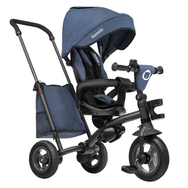 Lionelo - Tricicleta Tris Jeans Mecanism de pedalare libera, Suport picioare, Control al directiei, Scaun reversibil, Rotire 360 grade, Pliabila, Albastru BYNLO-TRIS_JEANS