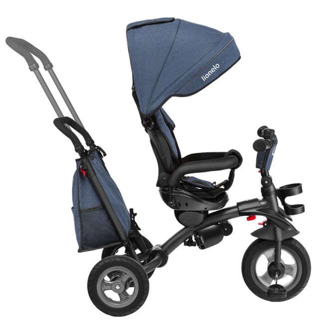 Lionelo - Tricicleta Tris Jeans Mecanism de pedalare libera, Suport picioare, Control al directiei, Scaun reversibil, Rotire 360 grade, Pliabila, Albastru BYNLO-TRIS_JEANS