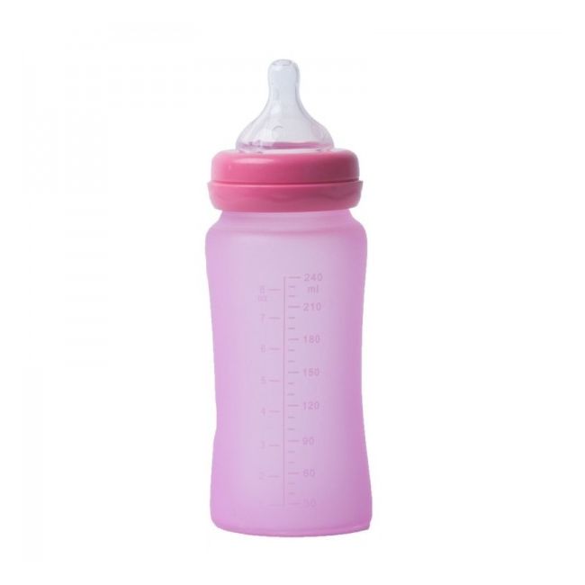 Biberon termo din sticla acoperita de silicon cu indicator de temperatura Bo Jungle 300 ml Roz - SOLBJB595210