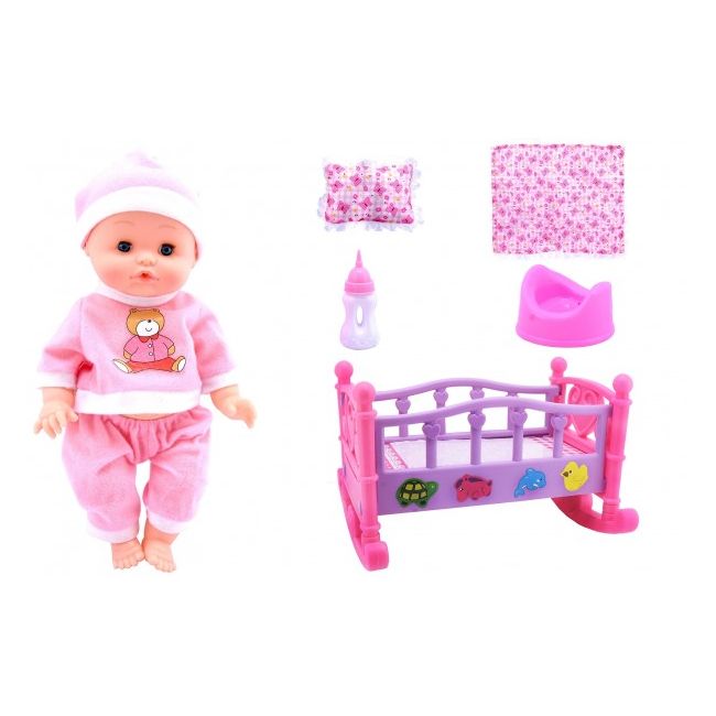 Papusa fetita 33 cm cu pijama roz sau bleu interactiva Globo Bimbo 39484 patut balansoar cu asternuturi si biberon cu olita - SOLGL39484
