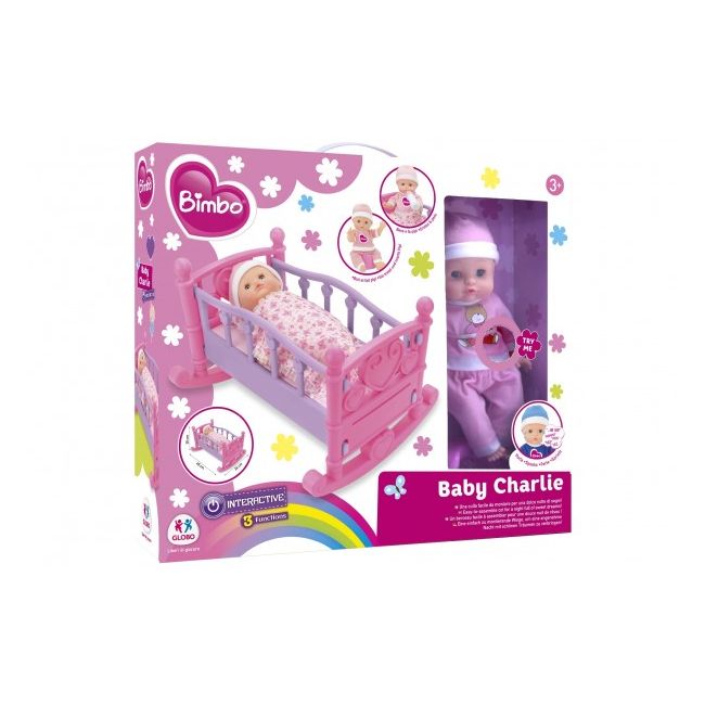 Papusa fetita 33 cm cu pijama roz sau bleu interactiva Globo Bimbo 39484 patut balansoar cu asternuturi si biberon cu olita - SOLGL39484