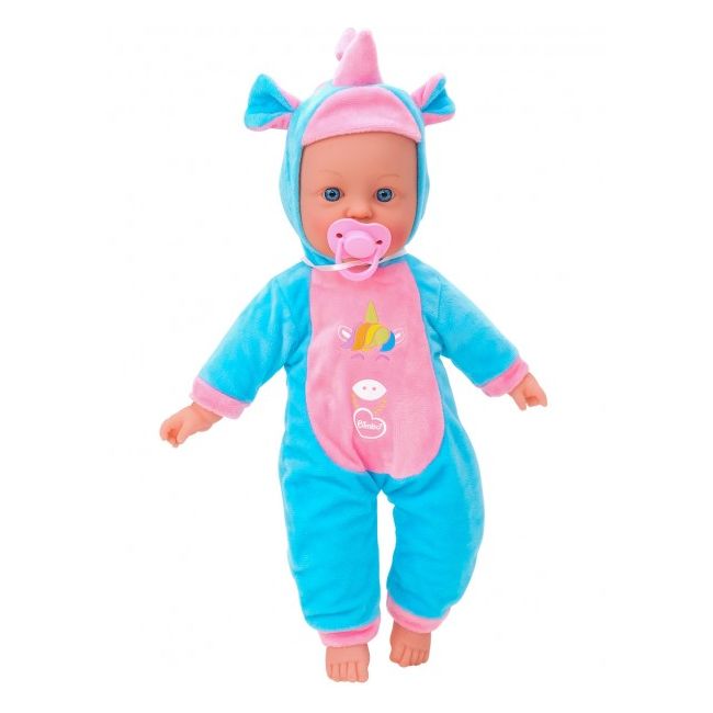 Papusa fetita cu sunete 42 cm Globo Bimbo 39483 cu costum unicorn Roz Bleu si suzeta - SOLGL39483
