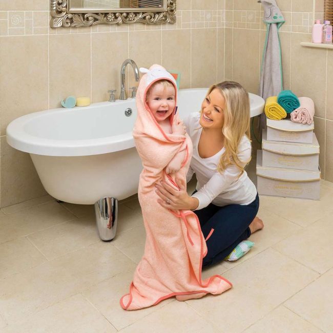 Prosop de baie pentru bebelus si mama Bamboo Lily the Lamb coral Clevamama SUPclvm_3509